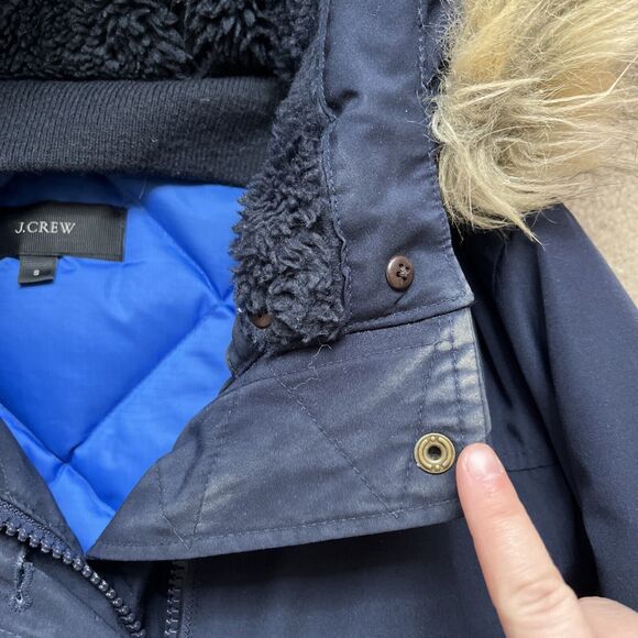 J.Crew Nordic Down Parka Women Small Navy Sherpa Hood Faux Fur Trim Preppy Heavy - Picture 4 of 11